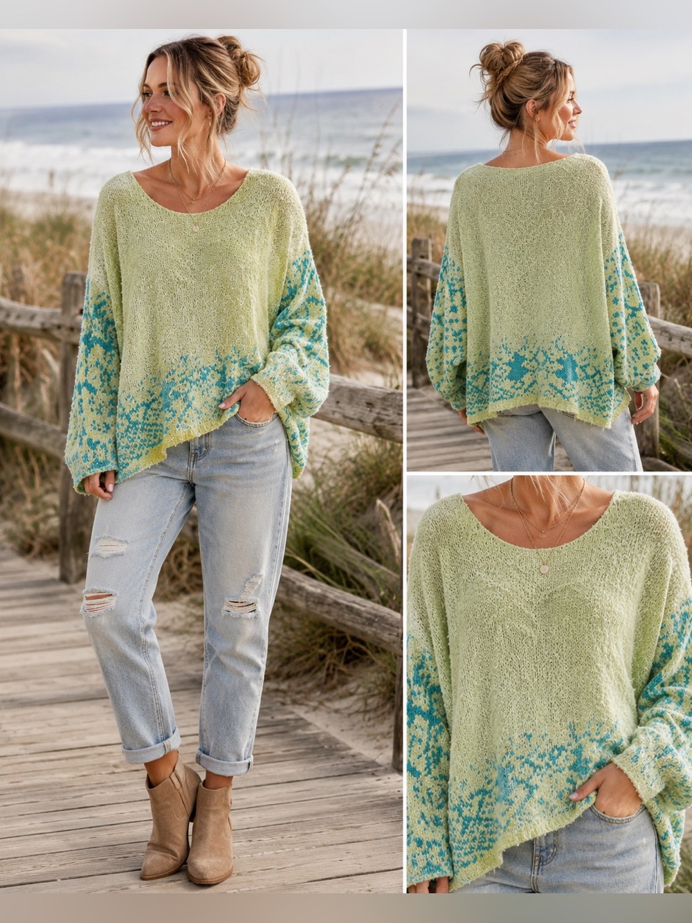 Free People Pistachio Green Textured Dolman Knit Sweater Medium Boho Oversized
